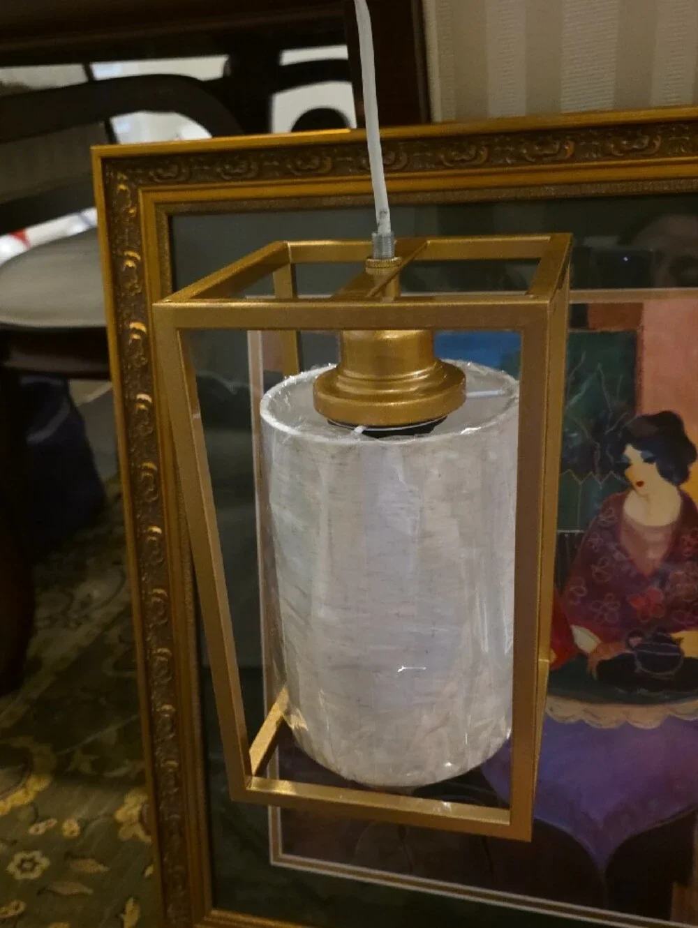 NWT Gold Metal Cage Pendant Light with White Fabric Shade